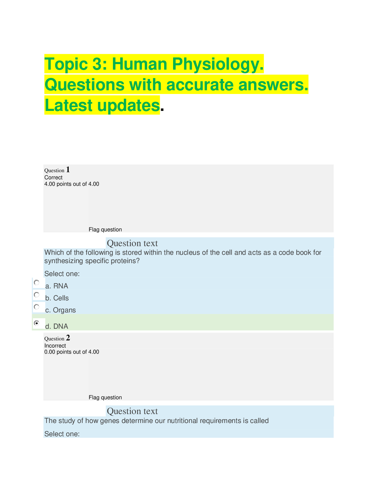 Preview image for Topic 3: Human Physiology. Questions with accurate answers. Latest updates.